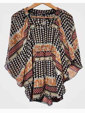 Sheer Boho Paisley Blouse Autumn Eclectic Earthy Kimono Topper Layering Top L